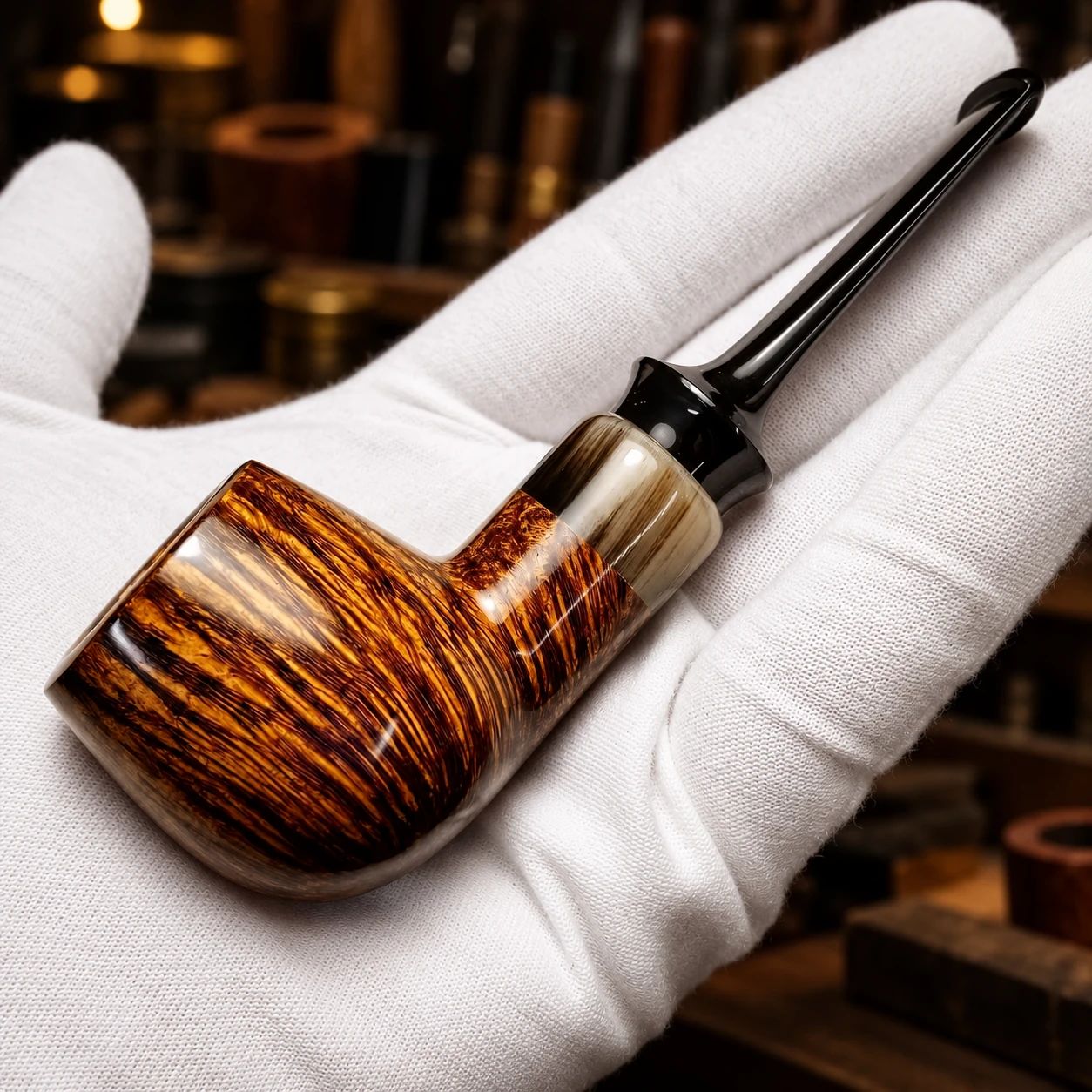 A handmade Miscoi pipe with a horn band and black stem